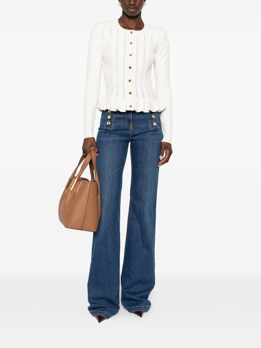 Elisabetta Franchi Ribbed-Knit Peplum Cardigan White