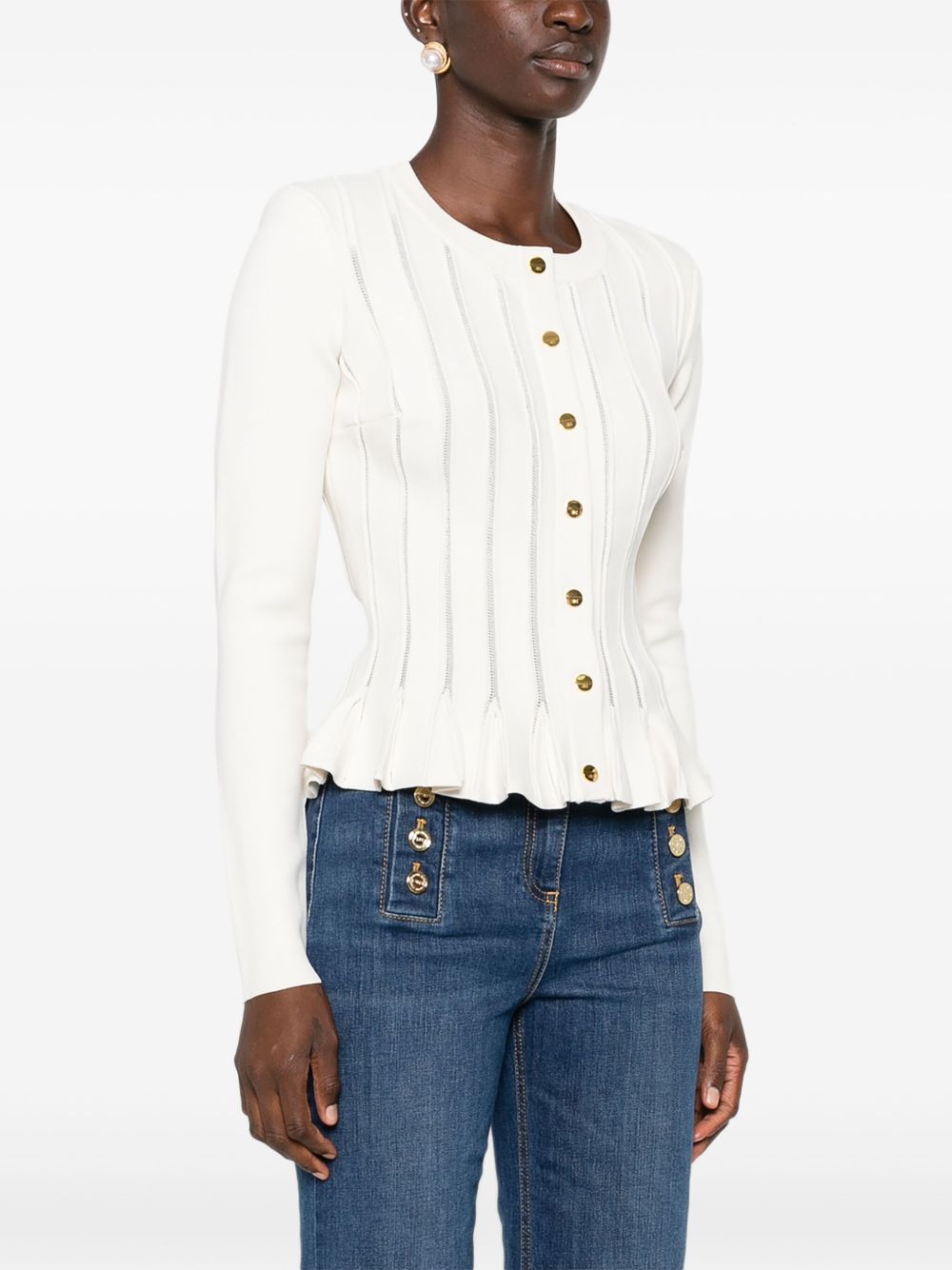 Elisabetta Franchi Ribbed-Knit Peplum Cardigan White