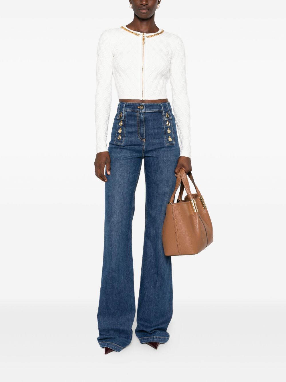 Elisabetta Franchi Cropped Diamond-Pattern Cardigan in Ivory Ivory