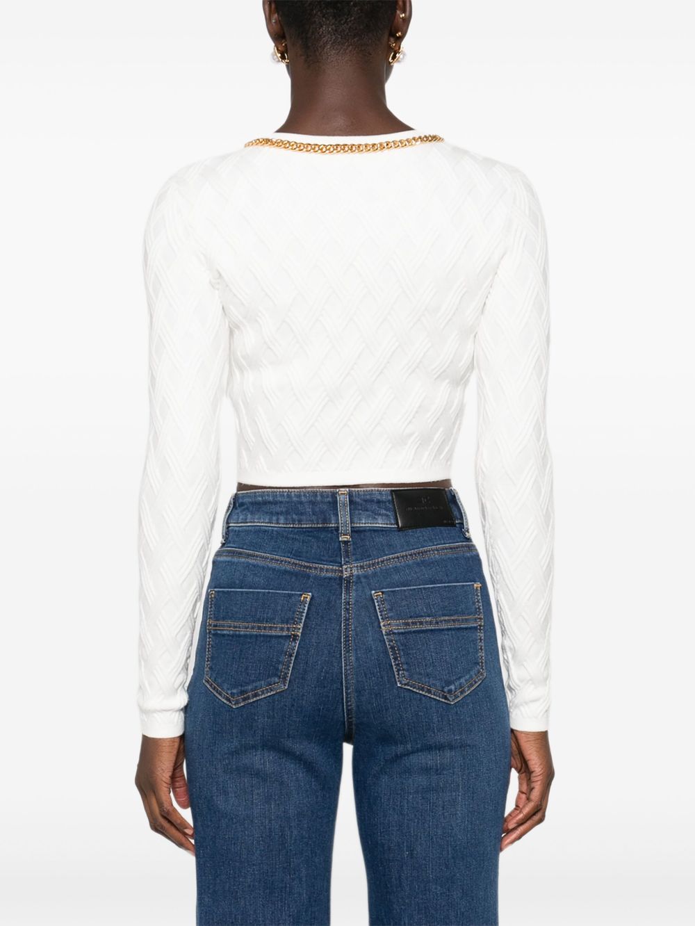 Elisabetta Franchi Cropped Diamond-Pattern Cardigan in Ivory Ivory