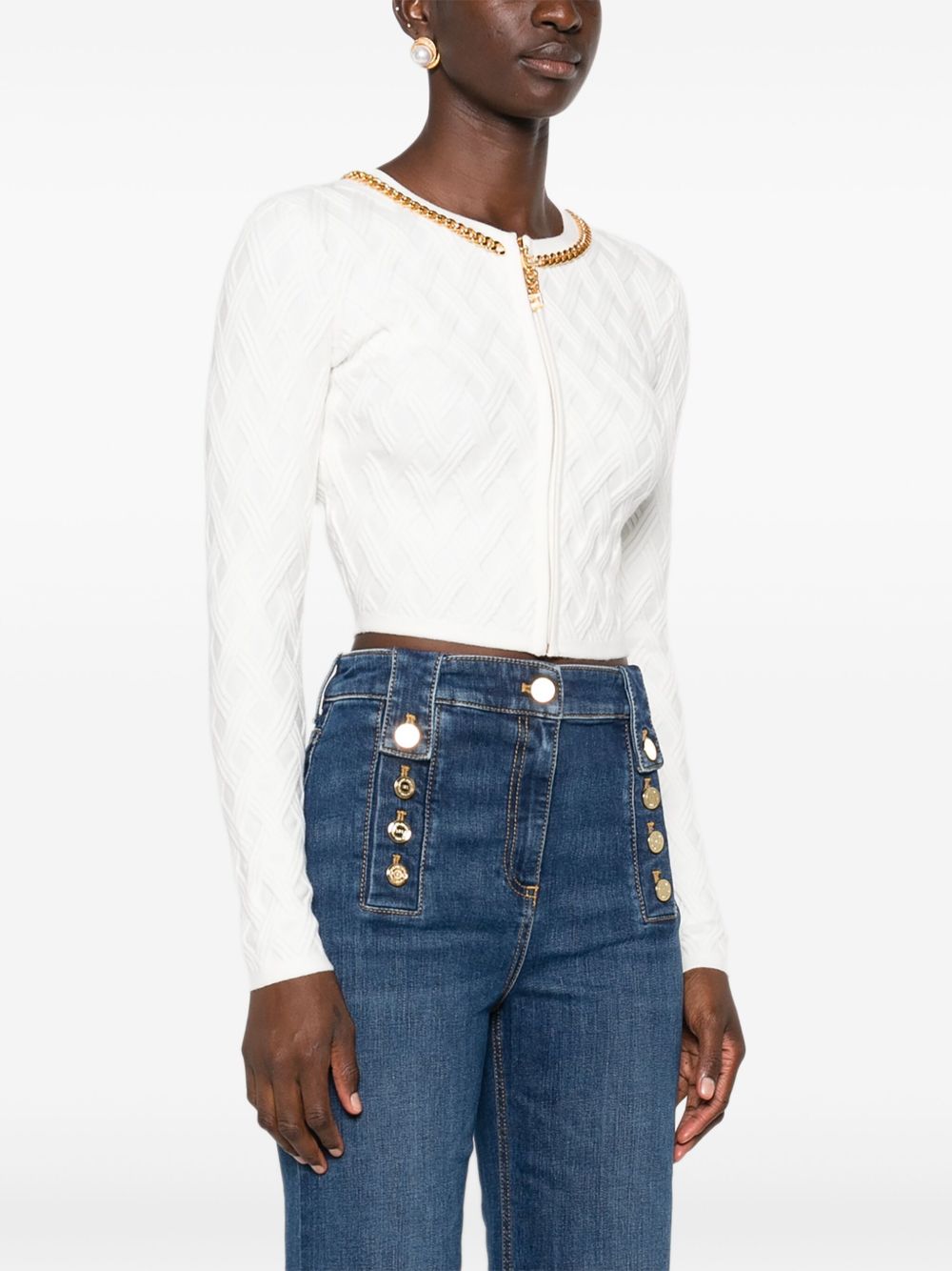 Elisabetta Franchi Cropped Diamond-Pattern Cardigan in Ivory Ivory