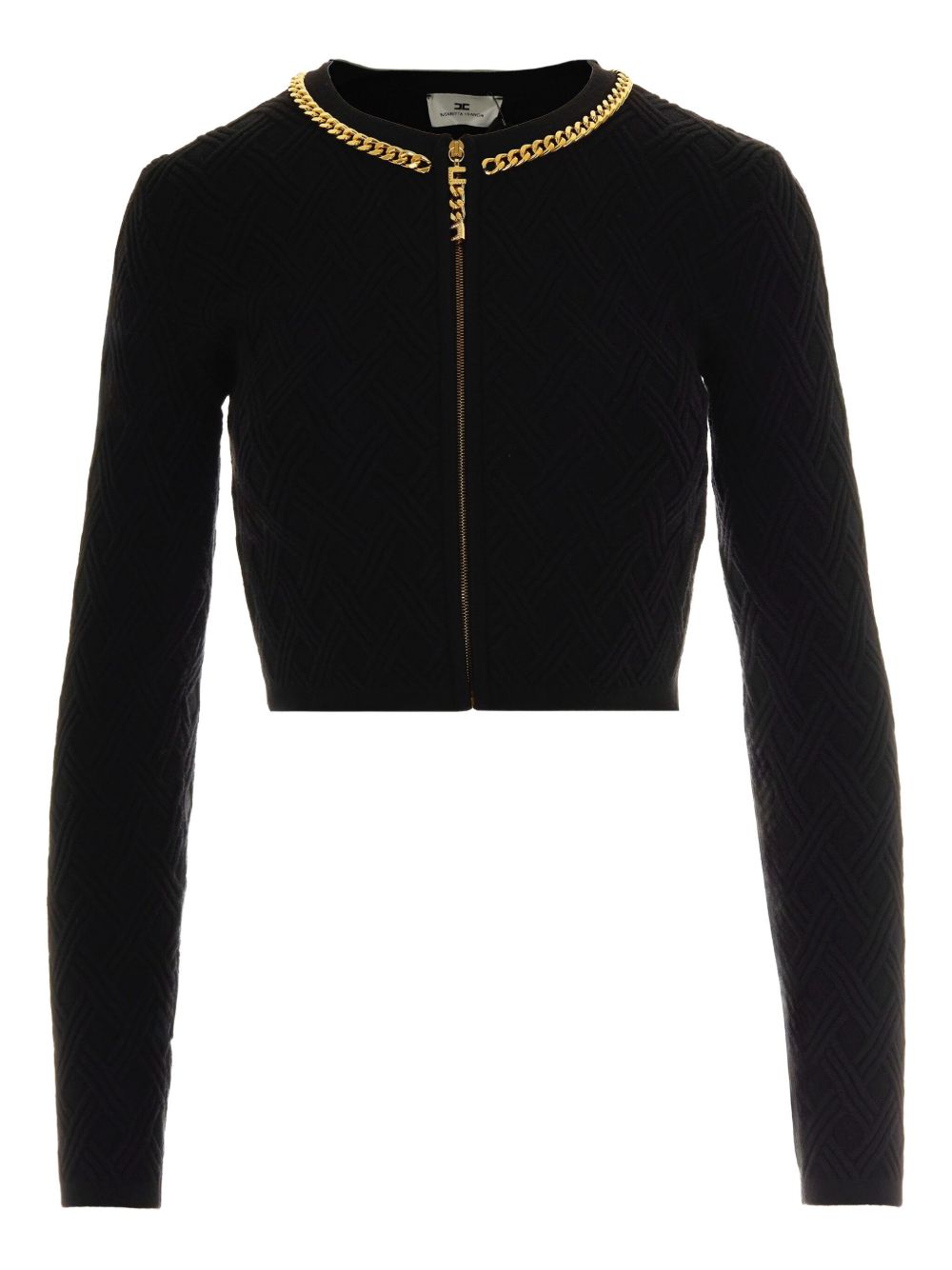 Elisabetta Franchi Cropped Diamond-Knit Cardigan with Gold-Tone Zip Black Black