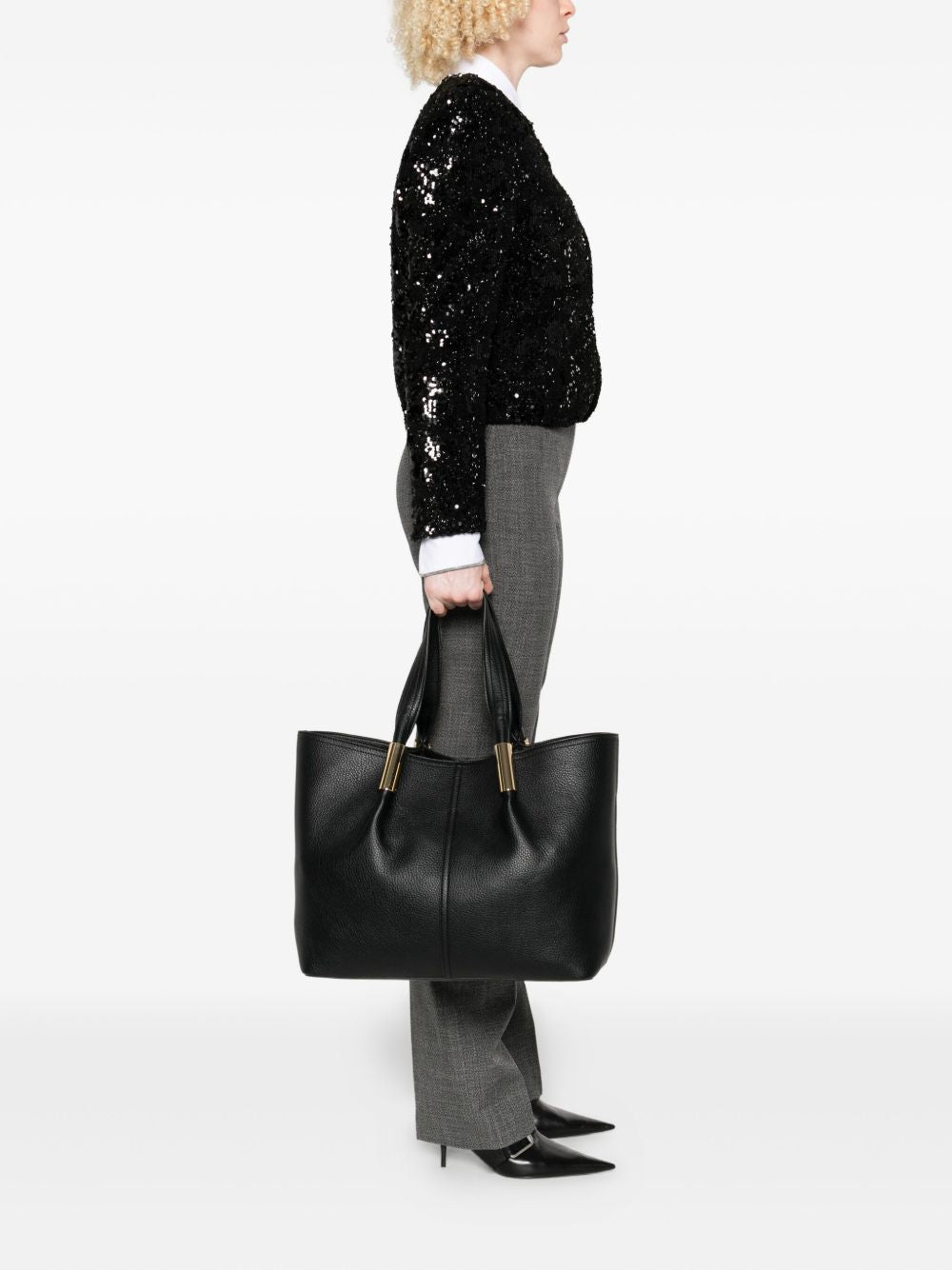Elisabetta Franchi Large Black Tote Bag with Gold-Tone Logo Details Black