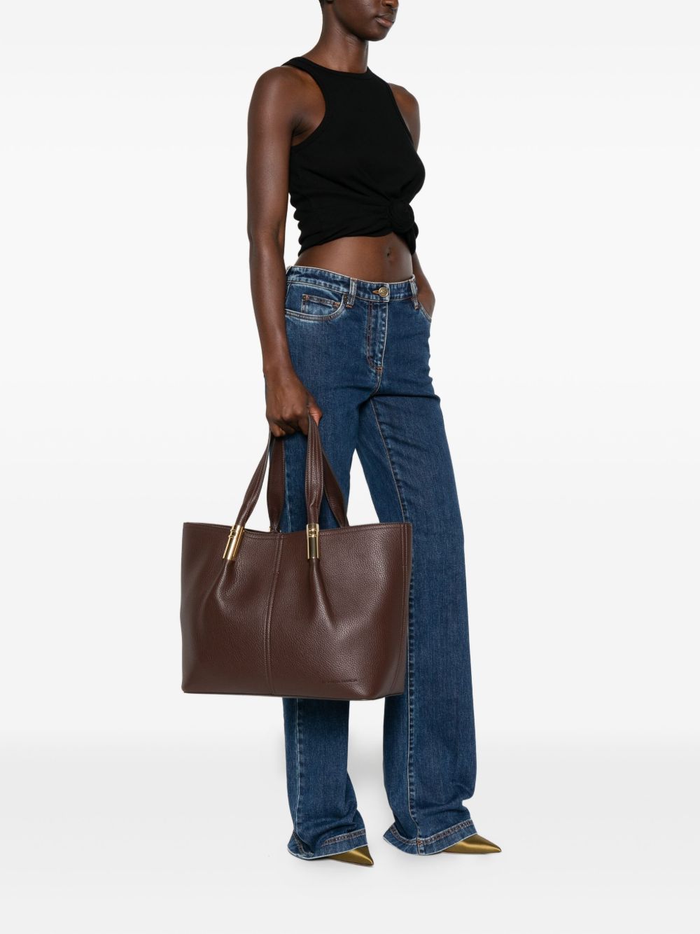 Elisabetta Franchi Large Structured Tote with Logo, Brown Brown