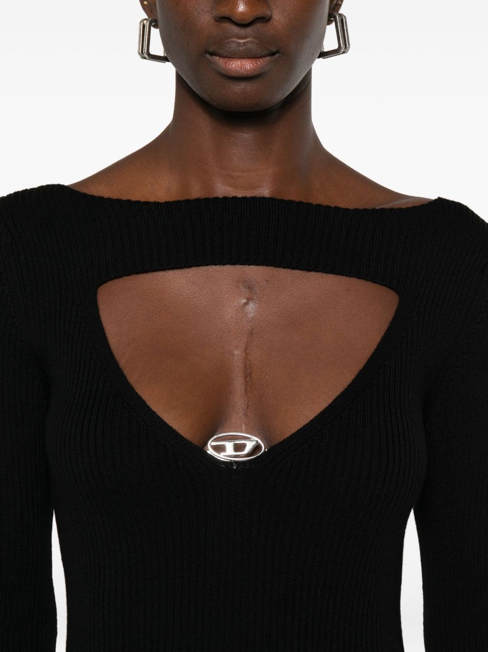 Diesel Ribbed Wool Midi Dress with Logo Black Black