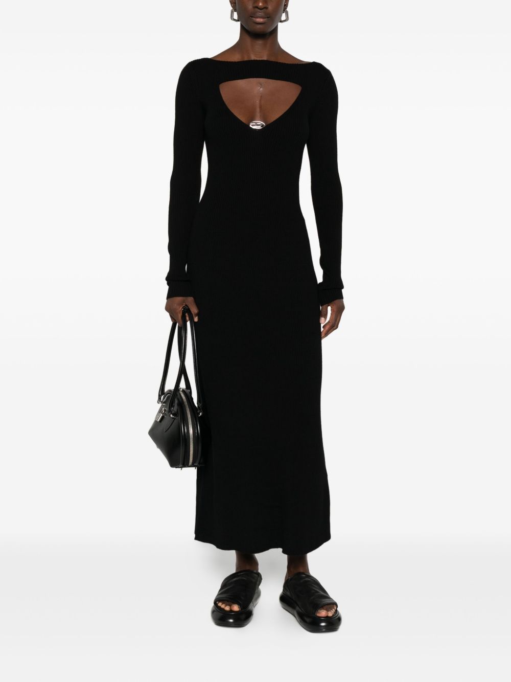 Diesel Ribbed Wool Midi Dress with Logo Black Black