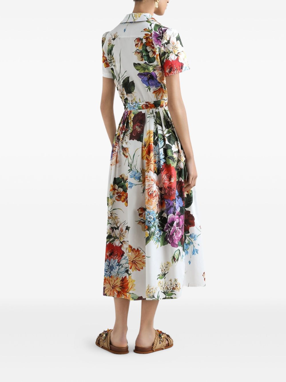 Dolce & Gabbana Poplin Midi Dress with Floral Bouquet Print White