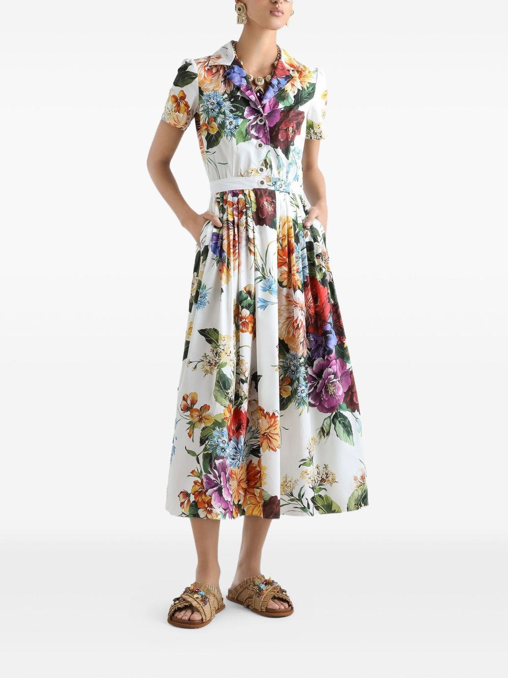 Dolce & Gabbana Poplin Midi Dress with Floral Bouquet Print White