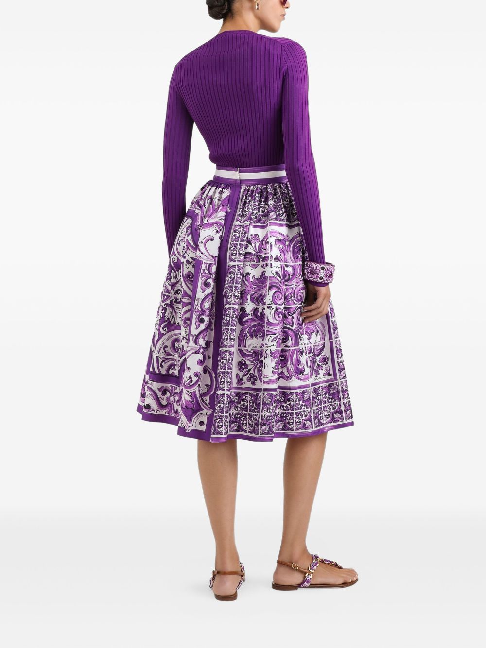 Dolce & Gabbana Maiolica-print flared silk midi skirt purple