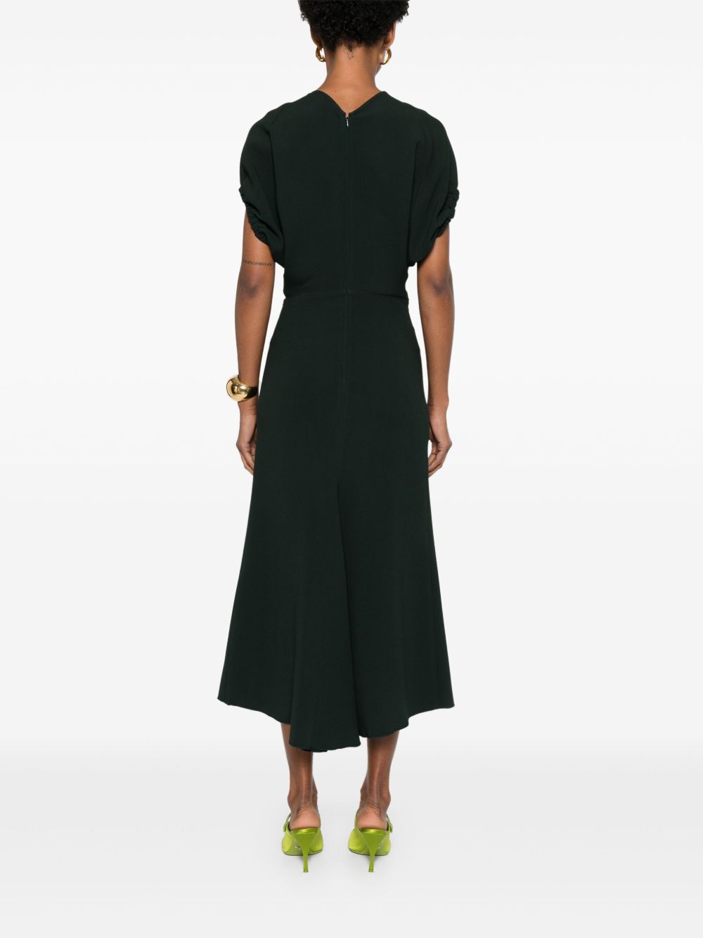 Victoria Beckham Draped V-Neck Dark Green Fitted Midi Dress Green