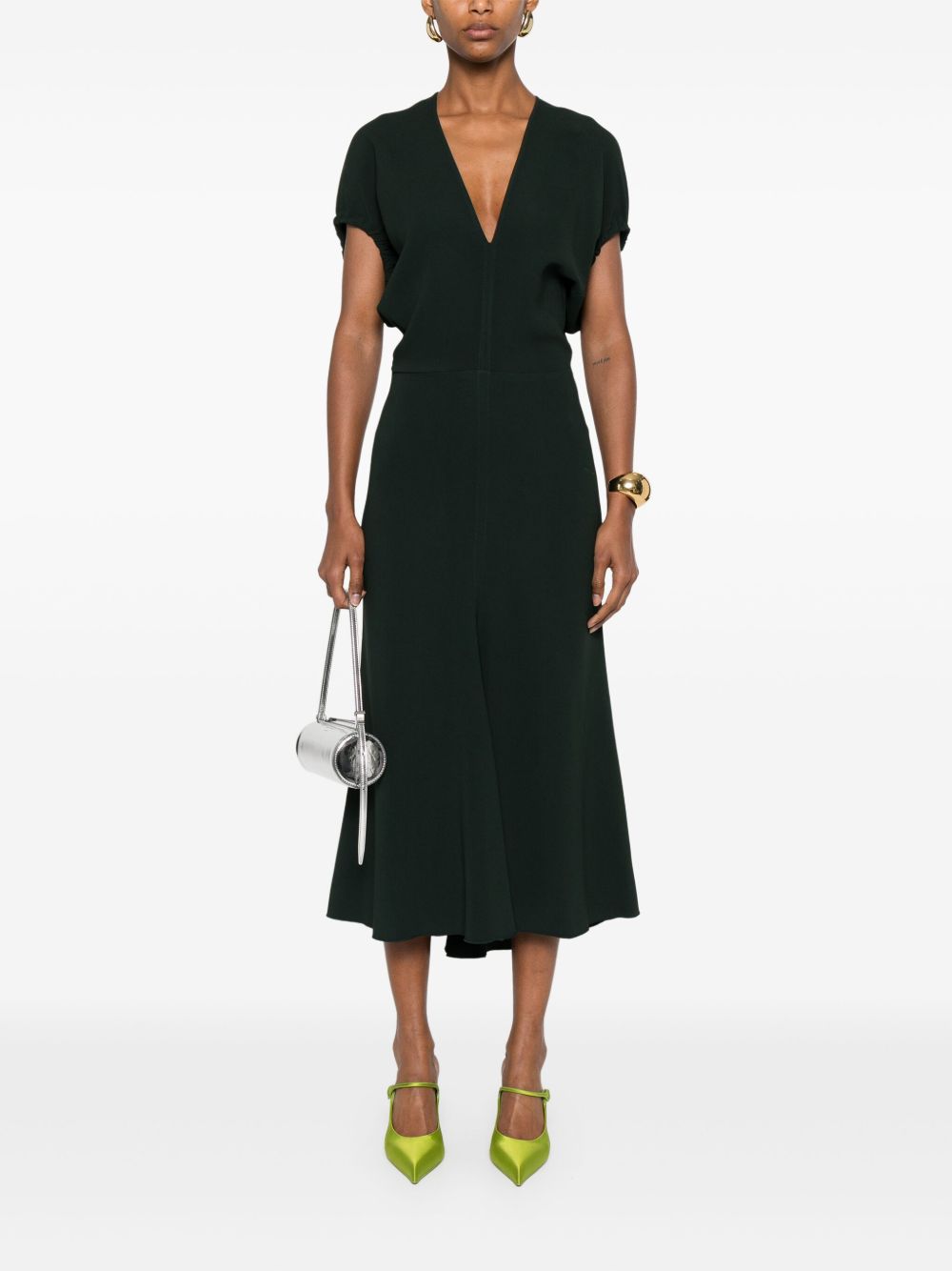 Victoria Beckham Draped V-Neck Dark Green Fitted Midi Dress Green