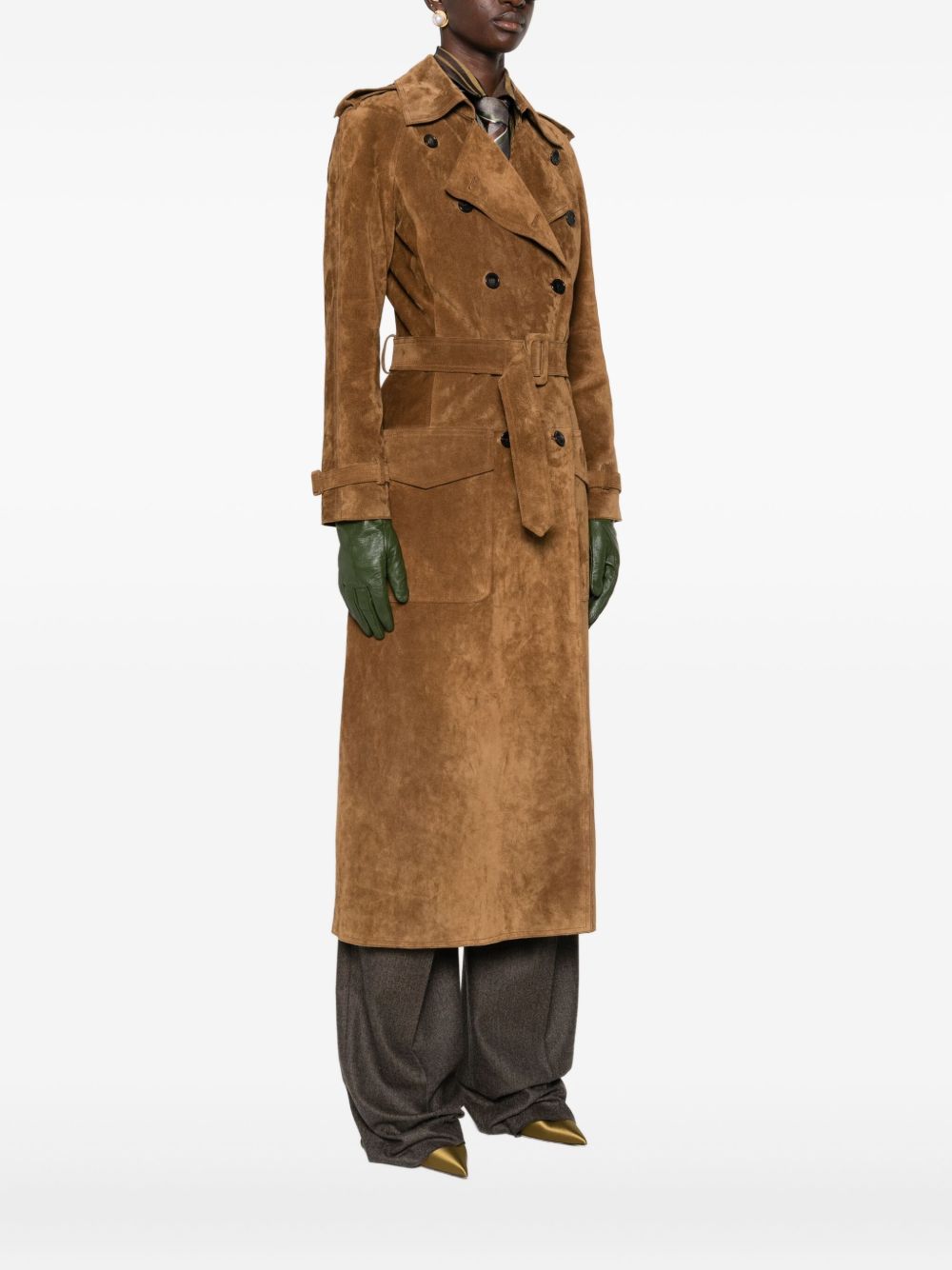Saint Laurent Double-Breasted Suede Leather Trench Coat Light Brown