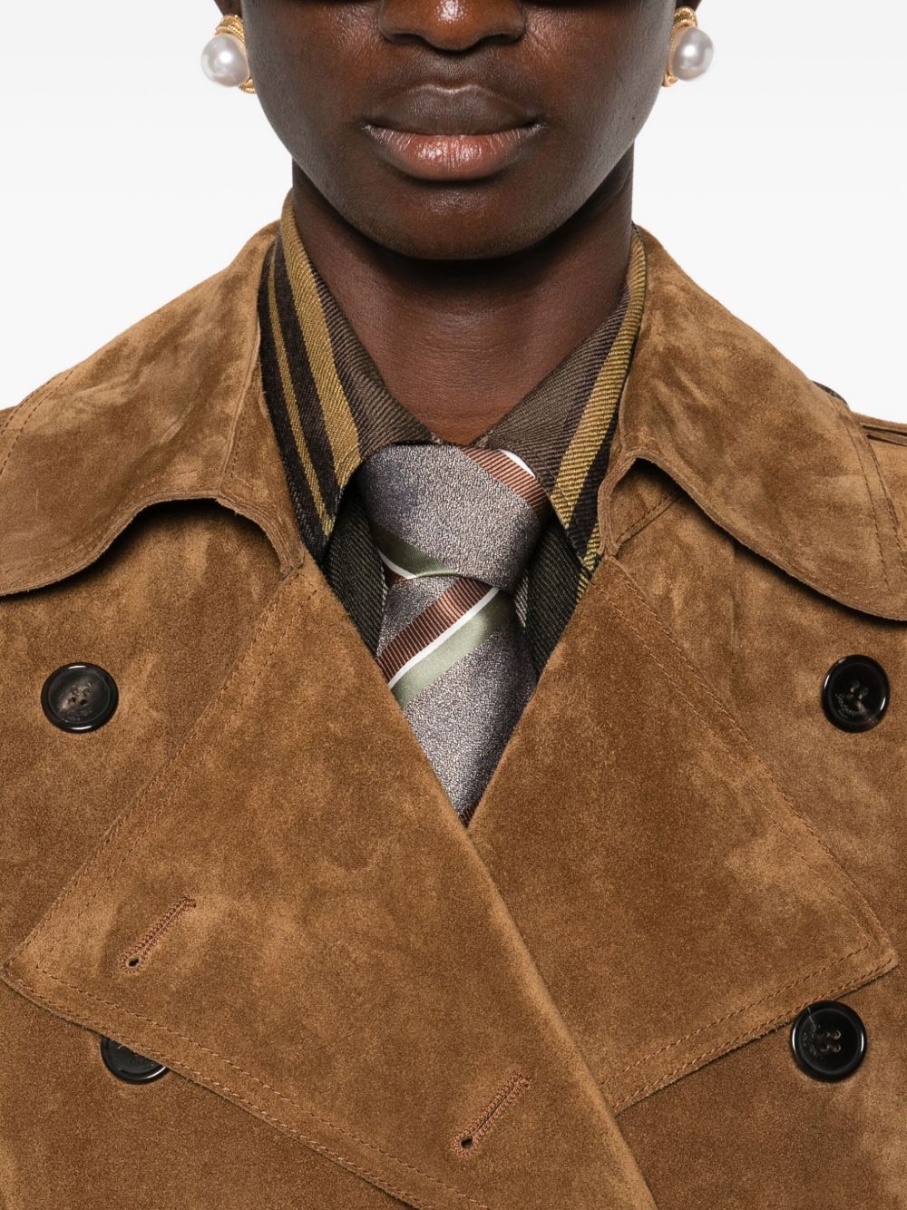Saint Laurent Double-Breasted Suede Leather Trench Coat Light Brown