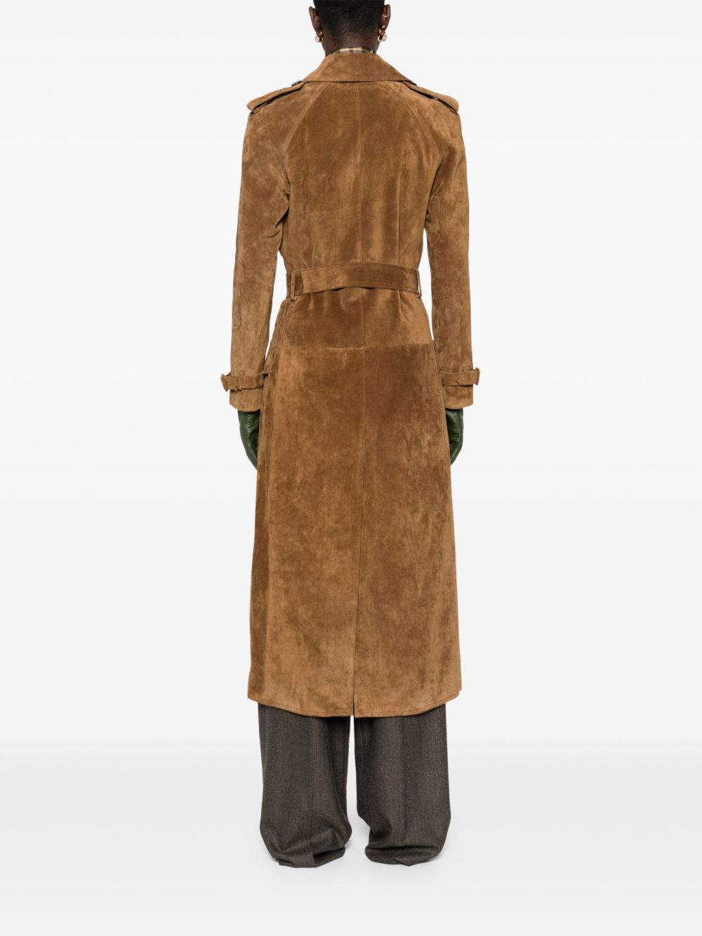 Saint Laurent Double-Breasted Suede Leather Trench Coat Light Brown