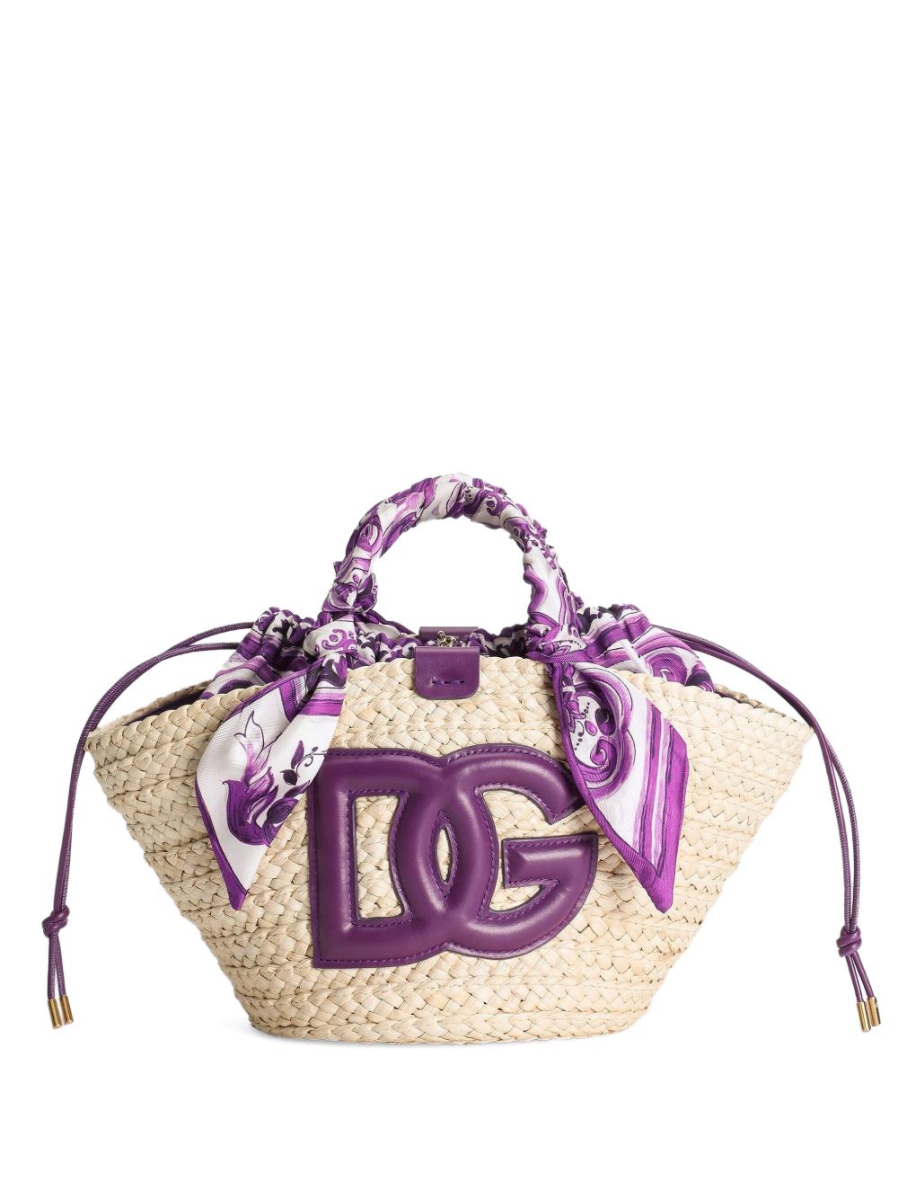 Dolce & Gabbana Straw Kendra Small Tote Bag with Scarf Accent Purple
