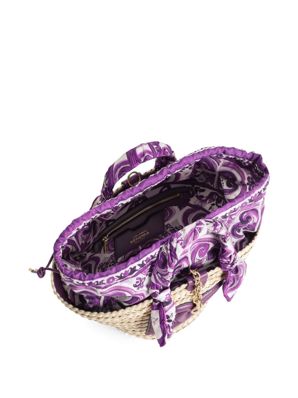 Dolce & Gabbana Straw Kendra Small Tote Bag with Scarf Accent Purple