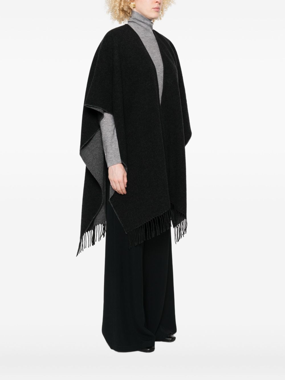 Fabiana Filippi V-Neck Fringed Wool Wrap Poncho Grey Grey