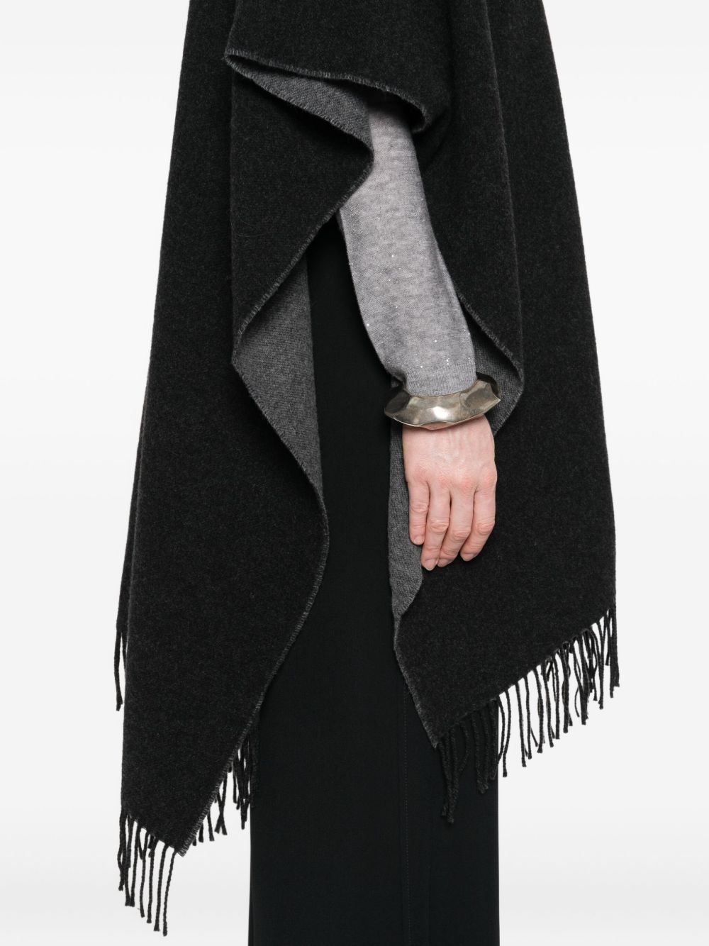 Fabiana Filippi V-Neck Fringed Wool Wrap Poncho Grey Grey