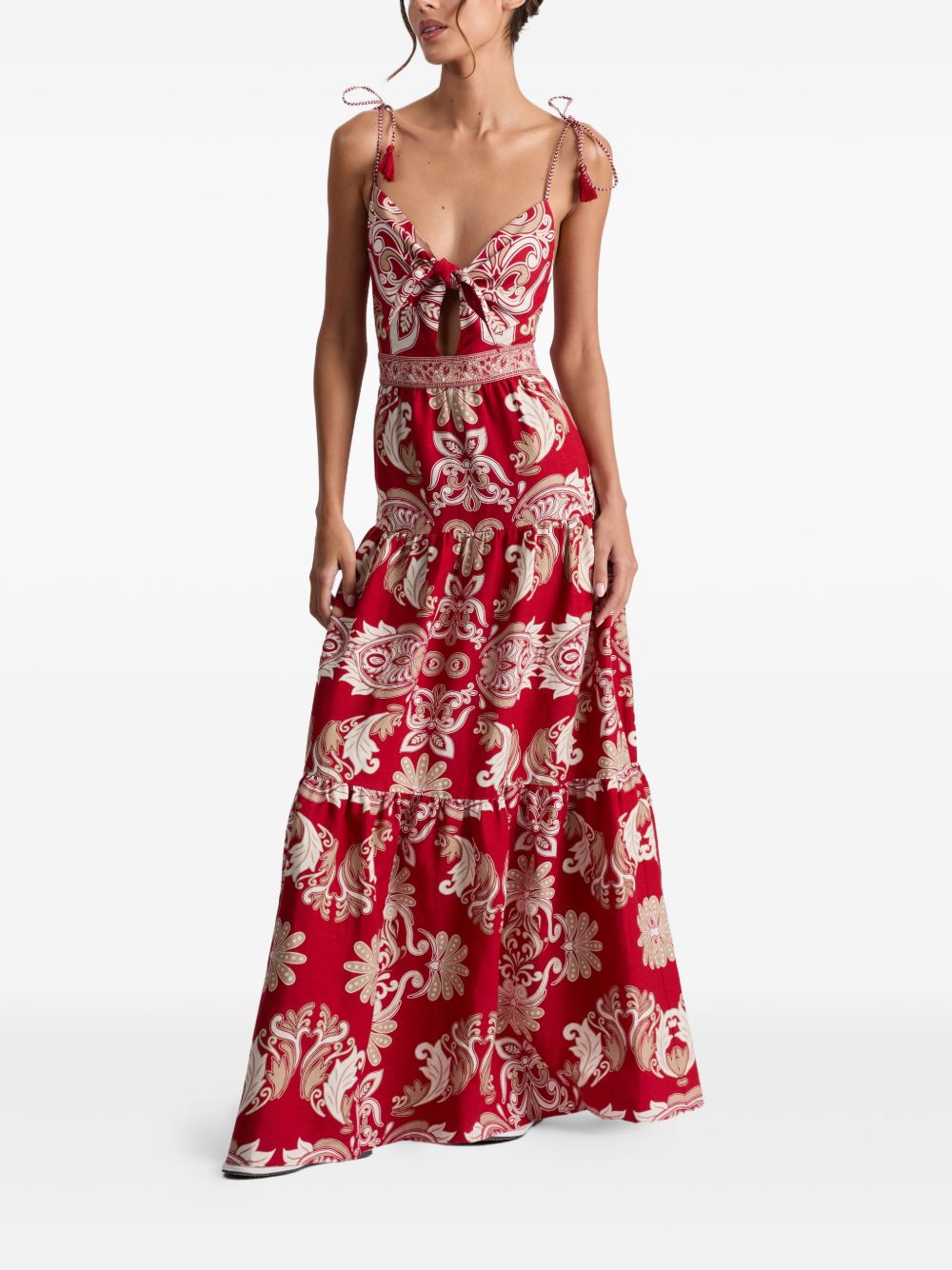 Alice + Olivia Paisley Short Dress with Front Tie and Tassel Red