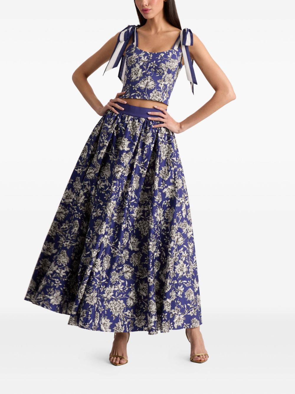 Alice + Olivia Floral Print Scoop-Neck Tie-Strap Cotton Top Blue