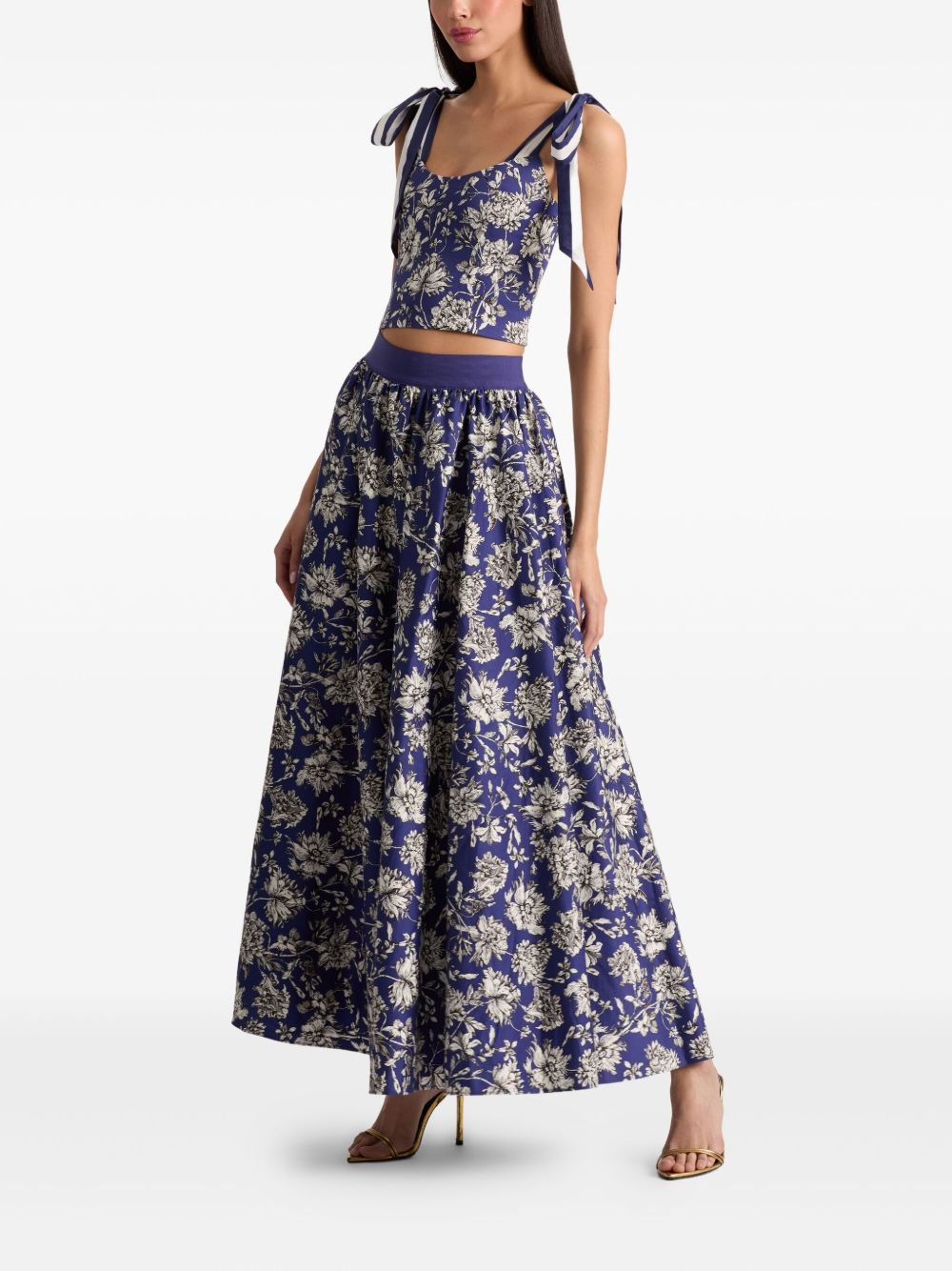 Alice + Olivia Floral Print Scoop-Neck Tie-Strap Cotton Top Blue