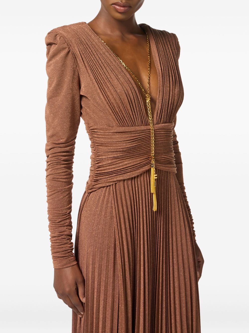 Elisabetta Franchi Pleated Long-Sleeve V-Neck Dress with Gold Chain Light Brown