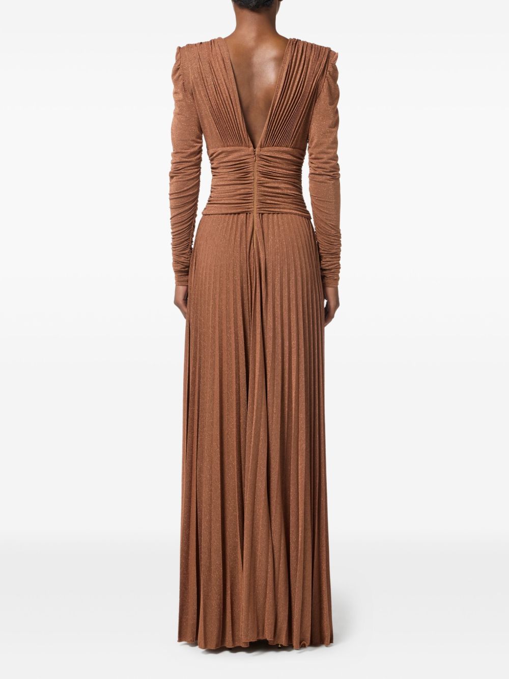 Elisabetta Franchi Pleated Long-Sleeve V-Neck Dress with Gold Chain Light Brown