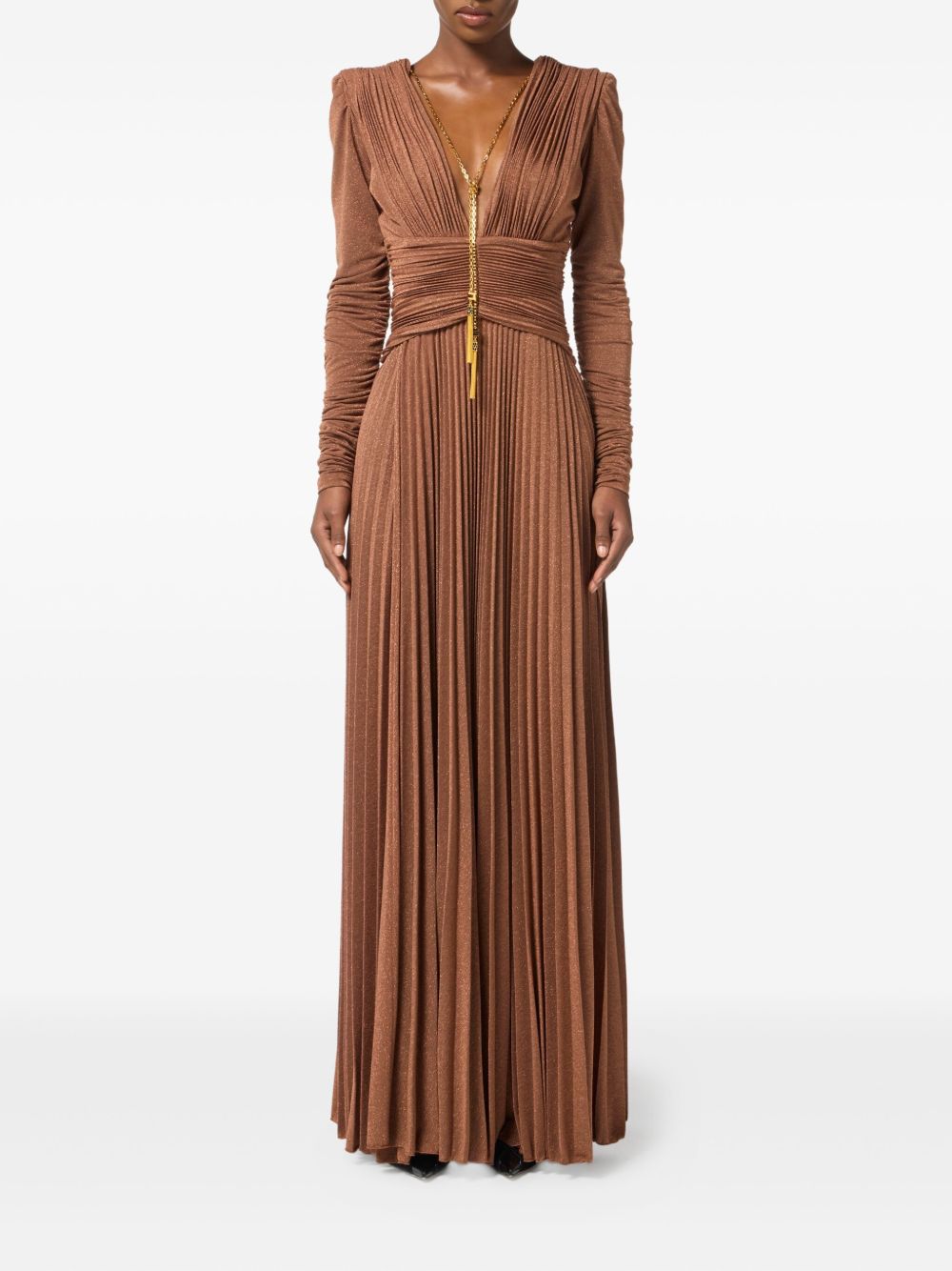 Elisabetta Franchi Pleated Long-Sleeve V-Neck Dress with Gold Chain Light Brown