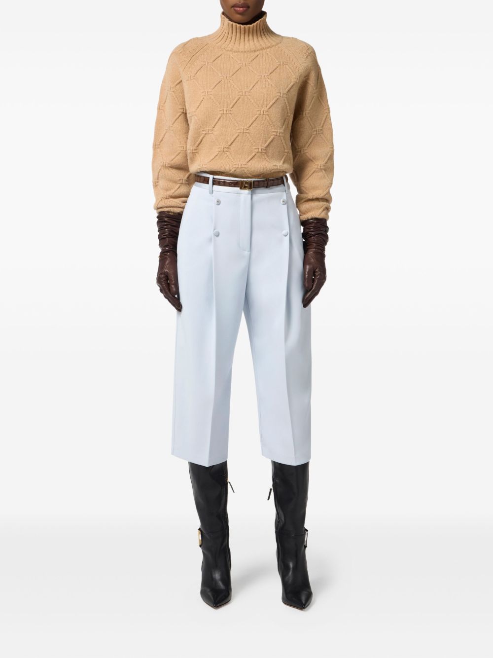Elisabetta Franchi Crewneck Wool-Cashmere Blend Sweater Beige