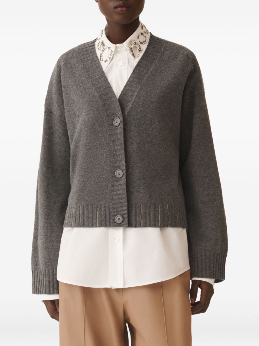 Fabiana Filippi V-Neck Metallic Ribbed Wool-Blend Cardigan Grey