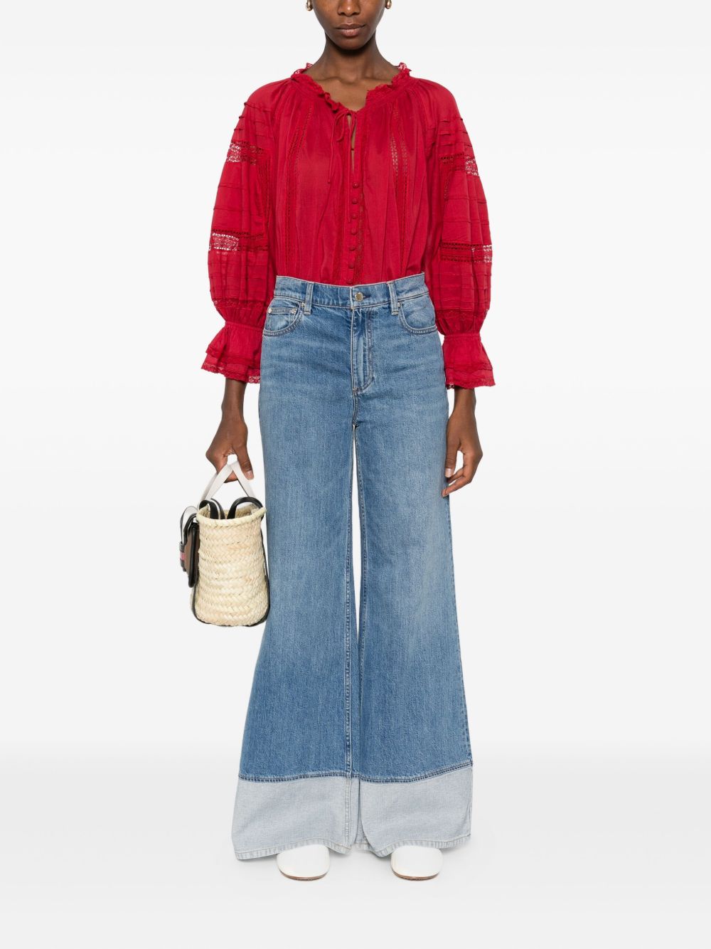Alice + Olivia Josephine Red Cotton Blouse with Lace and Ruffled Cuffs Red