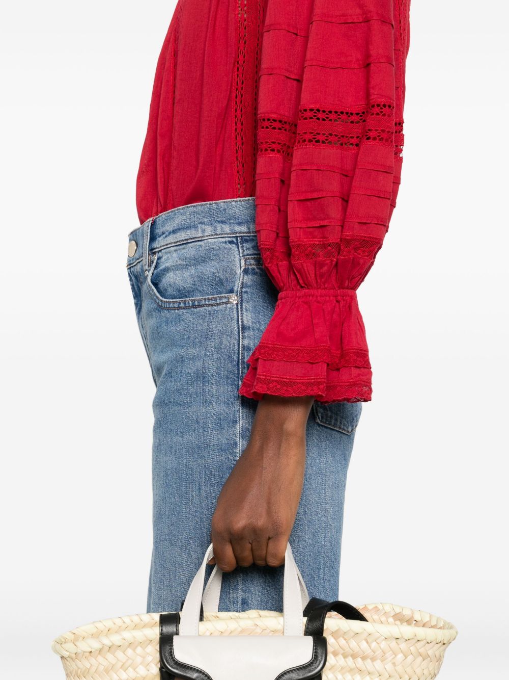 Alice + Olivia Josephine Red Cotton Blouse with Lace and Ruffled Cuffs Red