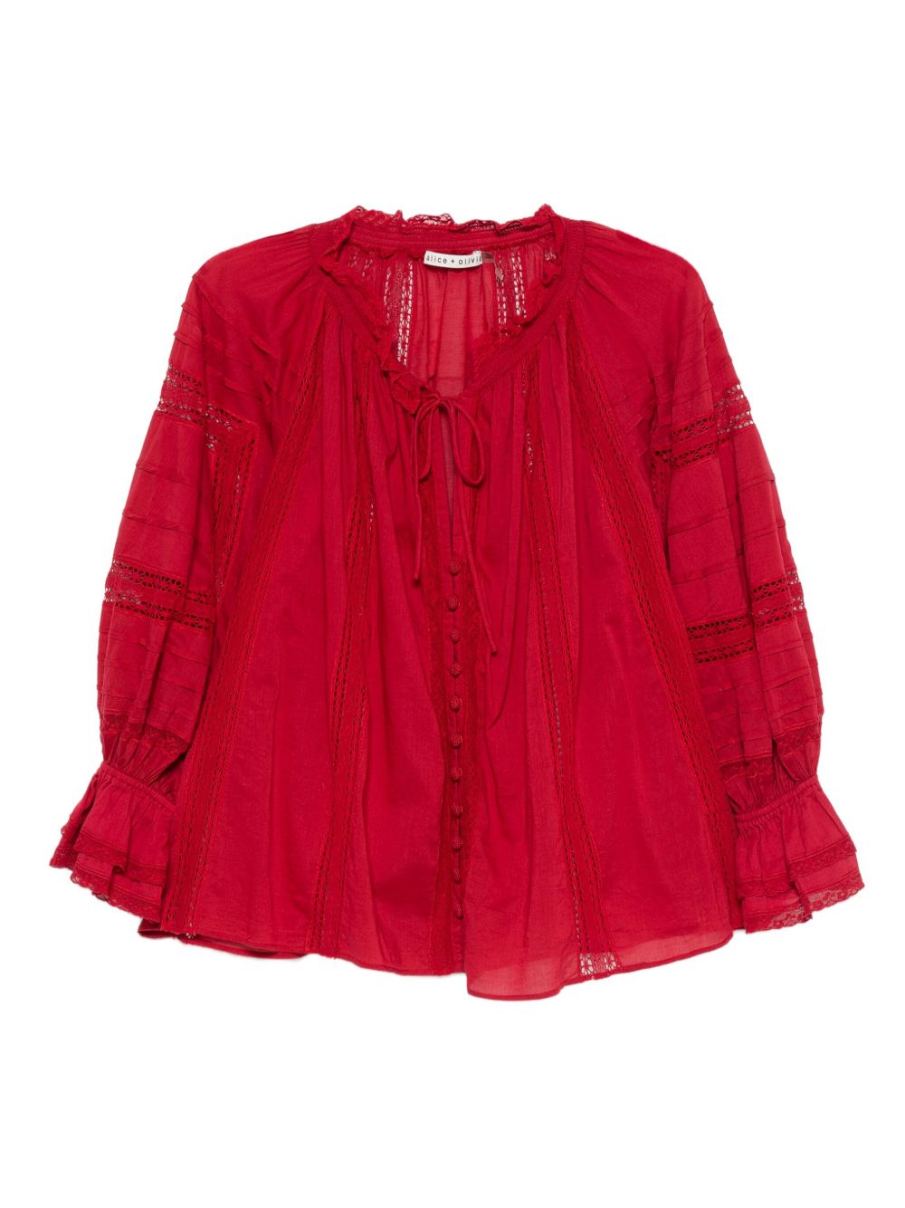 Alice + Olivia Josephine Red Cotton Blouse with Lace and Ruffled Cuffs Red