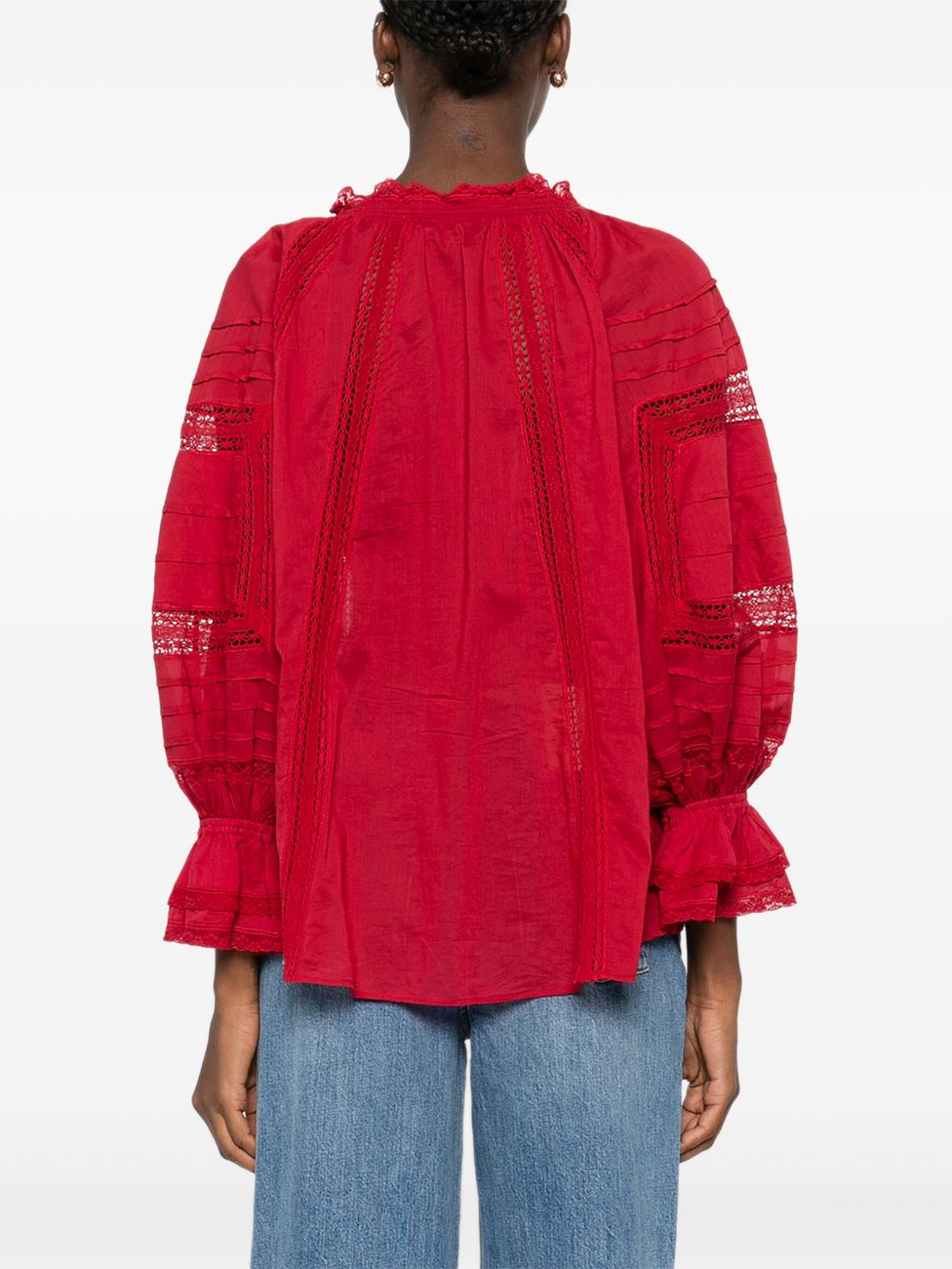 Alice + Olivia Josephine Red Cotton Blouse with Lace and Ruffled Cuffs Red