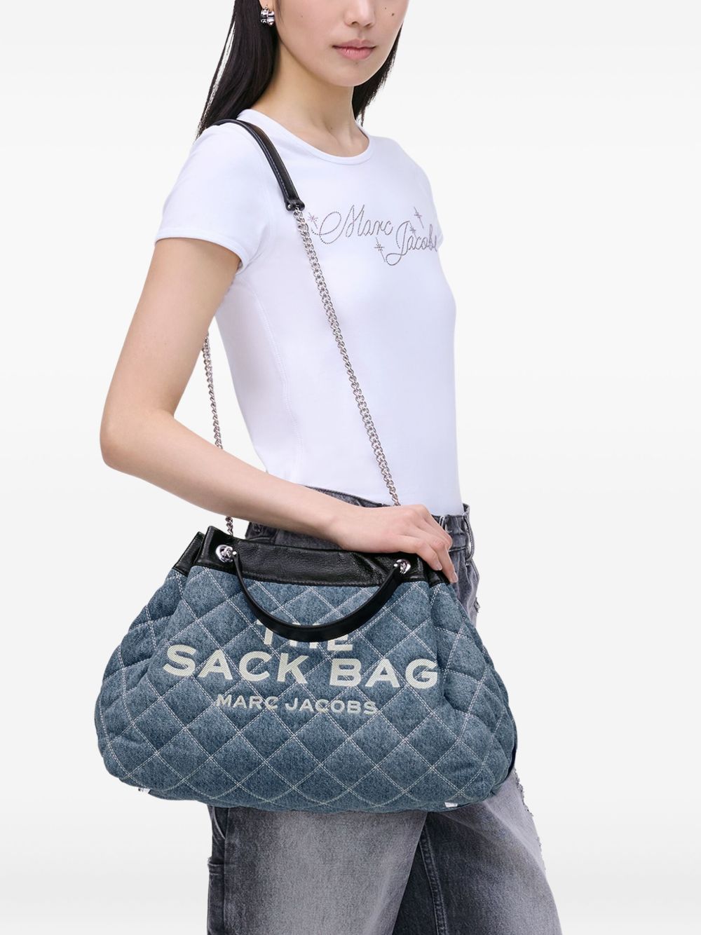 Marc Jacobs The Quilted Denim Large Chain Sack Shoulder Bag Clear Blue