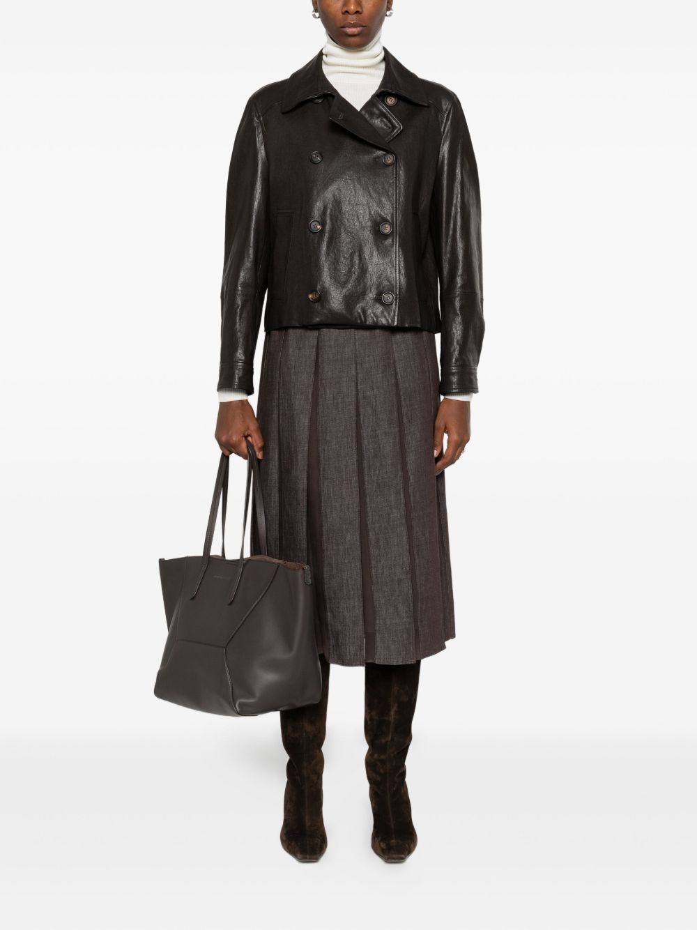Brunello Cucinelli Mid-Length Pleated Silk-Blend Denim Skirt Brown