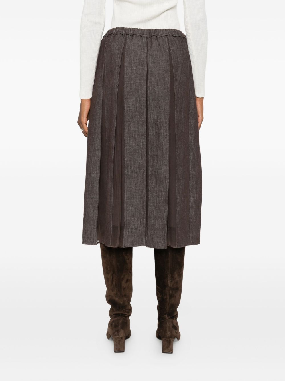 Brunello Cucinelli Mid-Length Pleated Silk-Blend Denim Skirt Brown