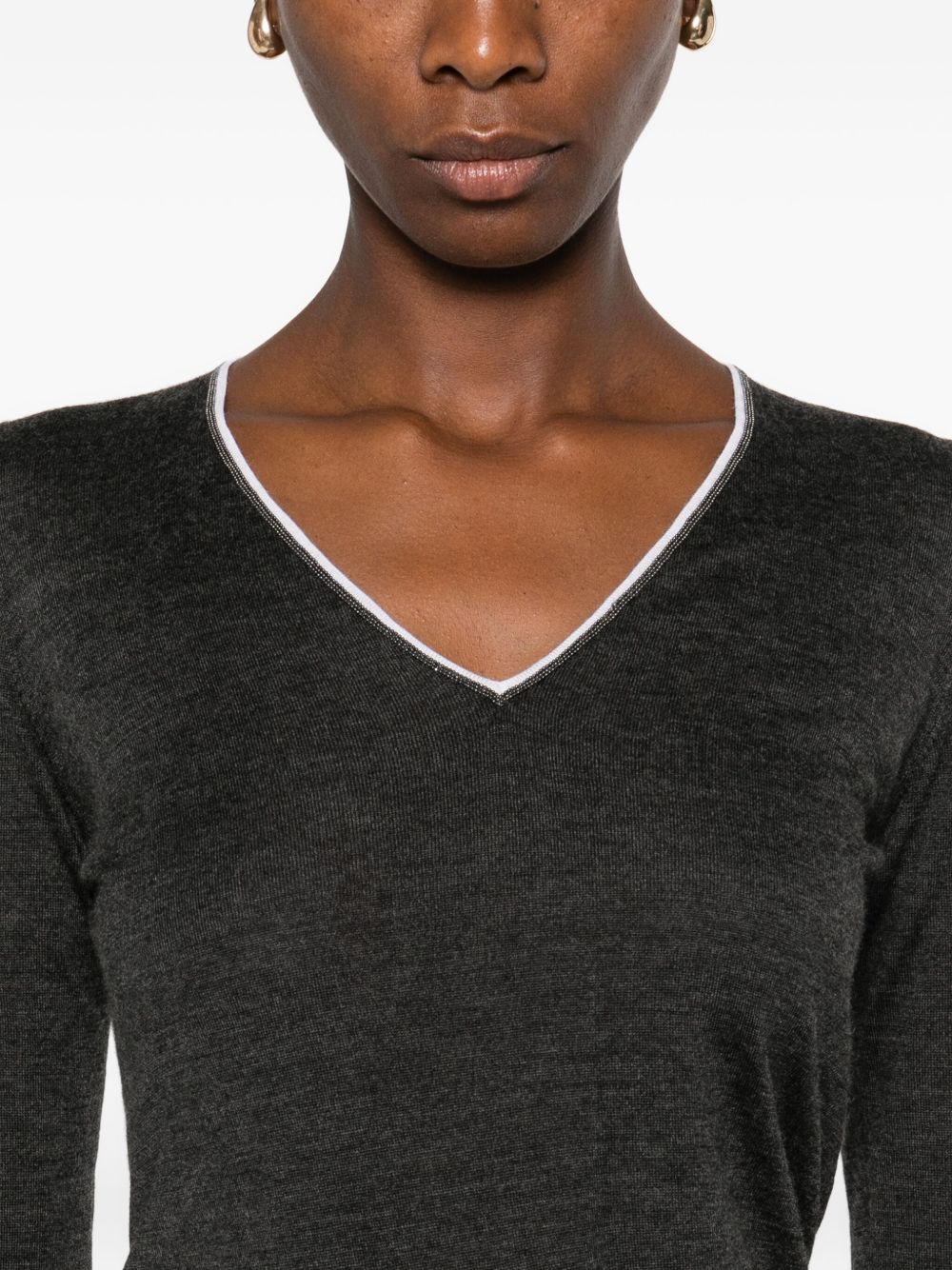 Brunello Cucinelli V-Neck Embellished Cashmere-Silk Sweater Grey Grey