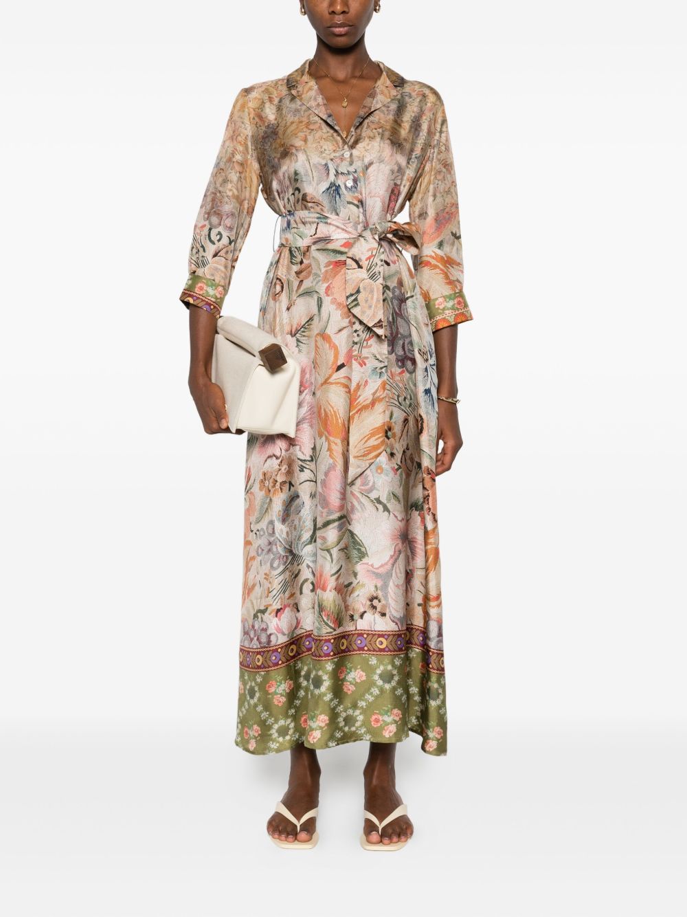 Pierre Louis Mascia Floral Silk Belted Midi Dress Beige