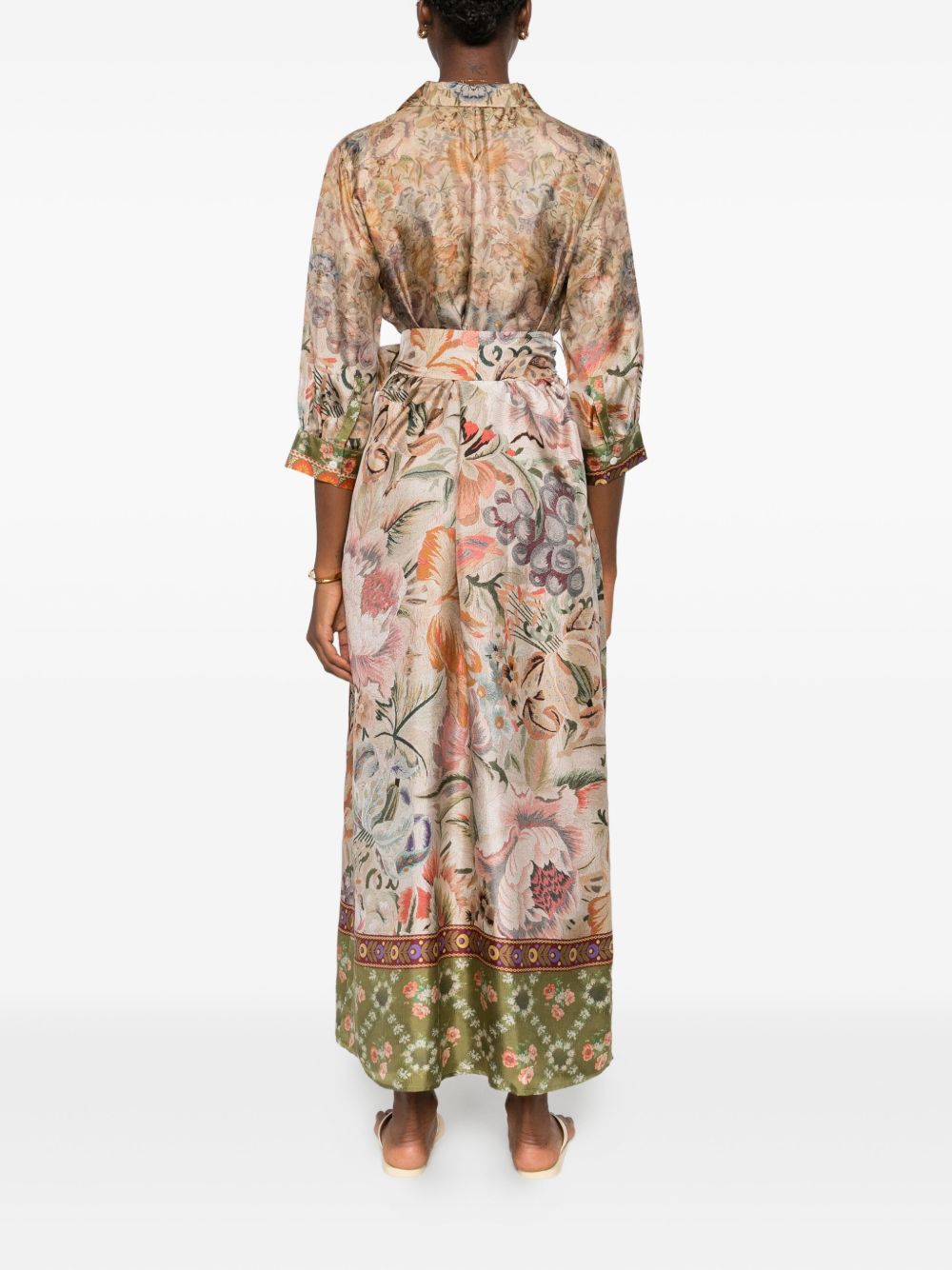 Pierre Louis Mascia Floral Silk Belted Midi Dress Beige