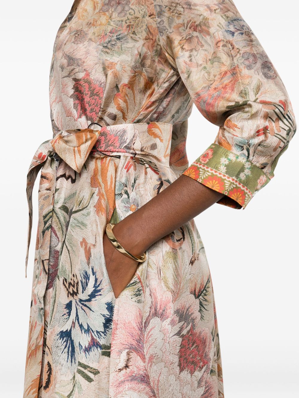 Pierre Louis Mascia Floral Silk Belted Midi Dress Beige