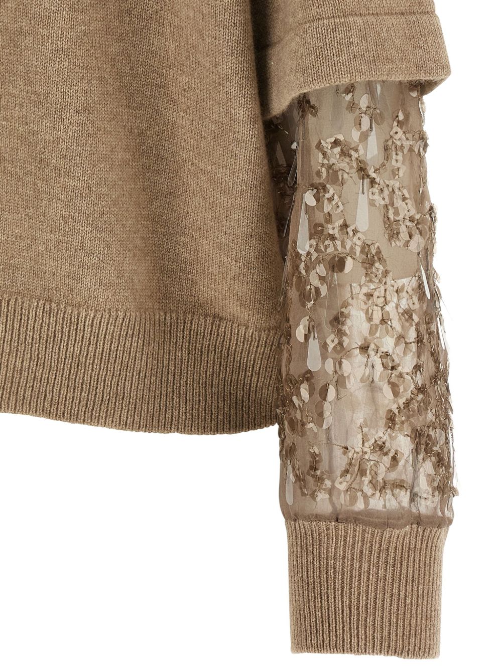 Brunello Cucinelli Cashmere Tulle-Insert Sequin Embellished Turtleneck Sweater Brown