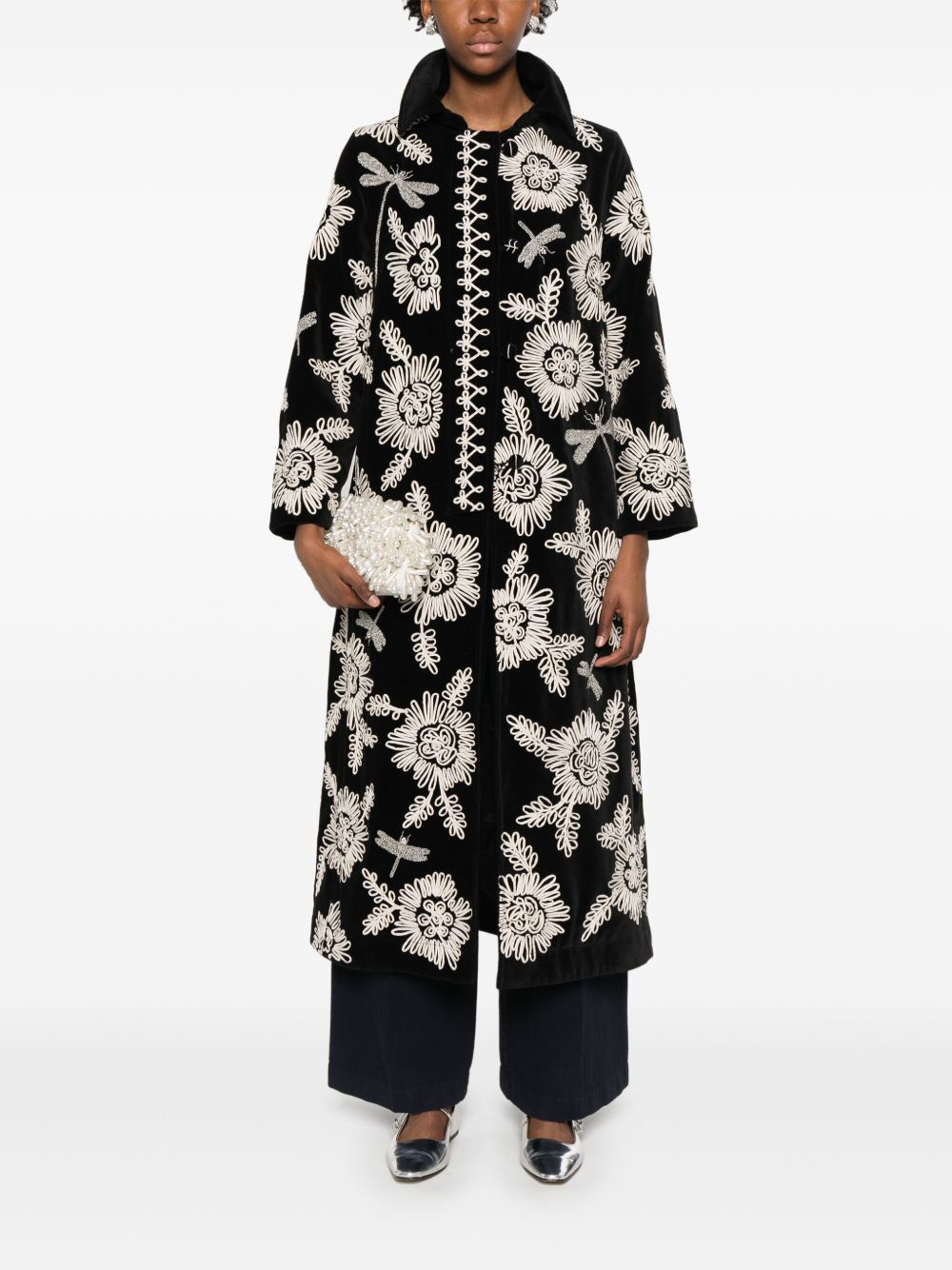 Forte Forte Embroidered Two-Tone Long Coat in Black Black