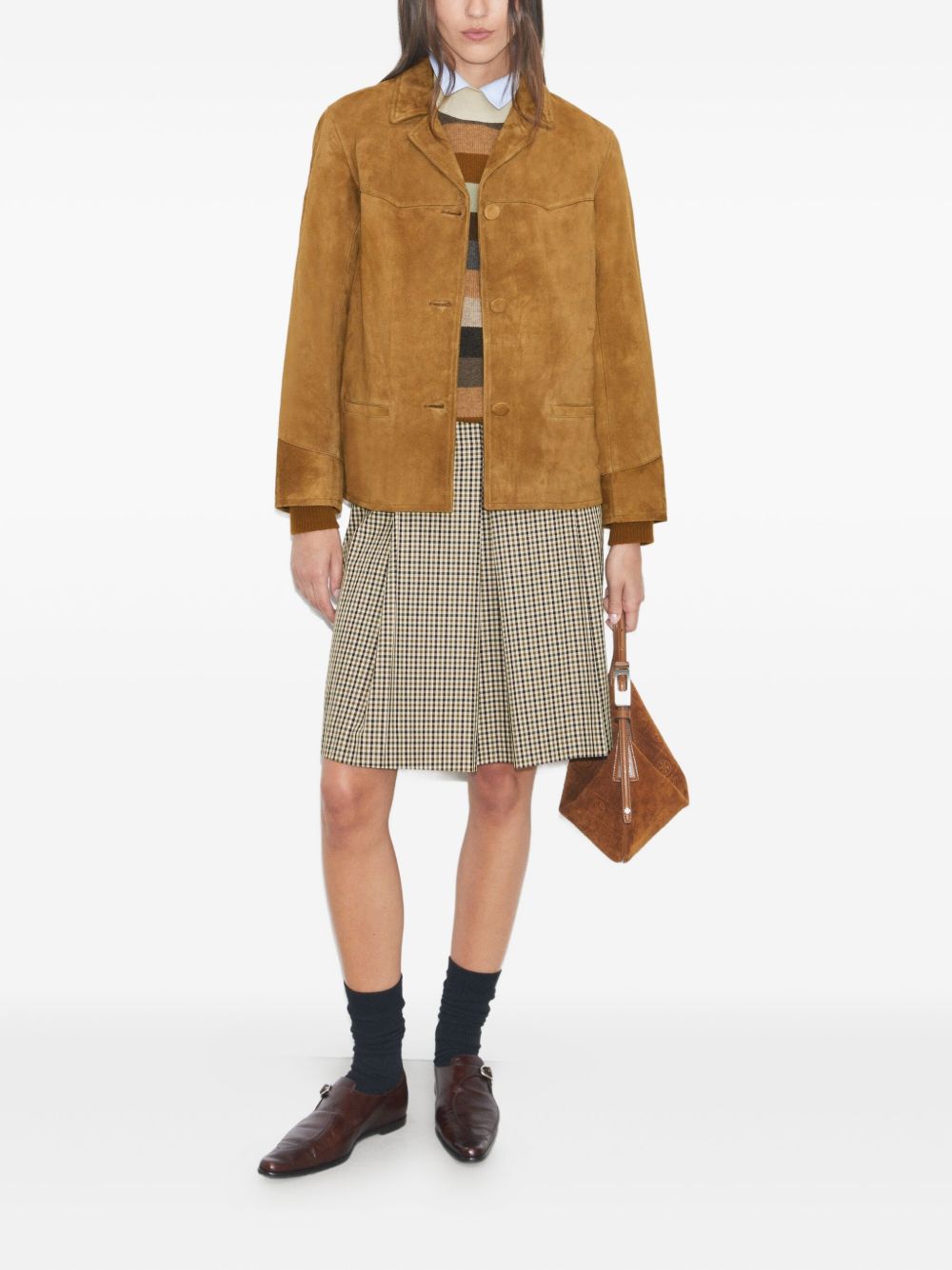 Tory Burch Suede Blazer Jacket with Revere Collar Leather Brown