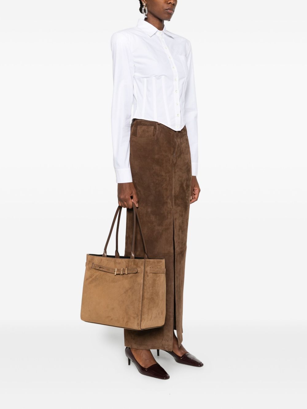 Tom Ford Medium Brown Suede Shopper Bag with Gold-Tone T Detail Brown