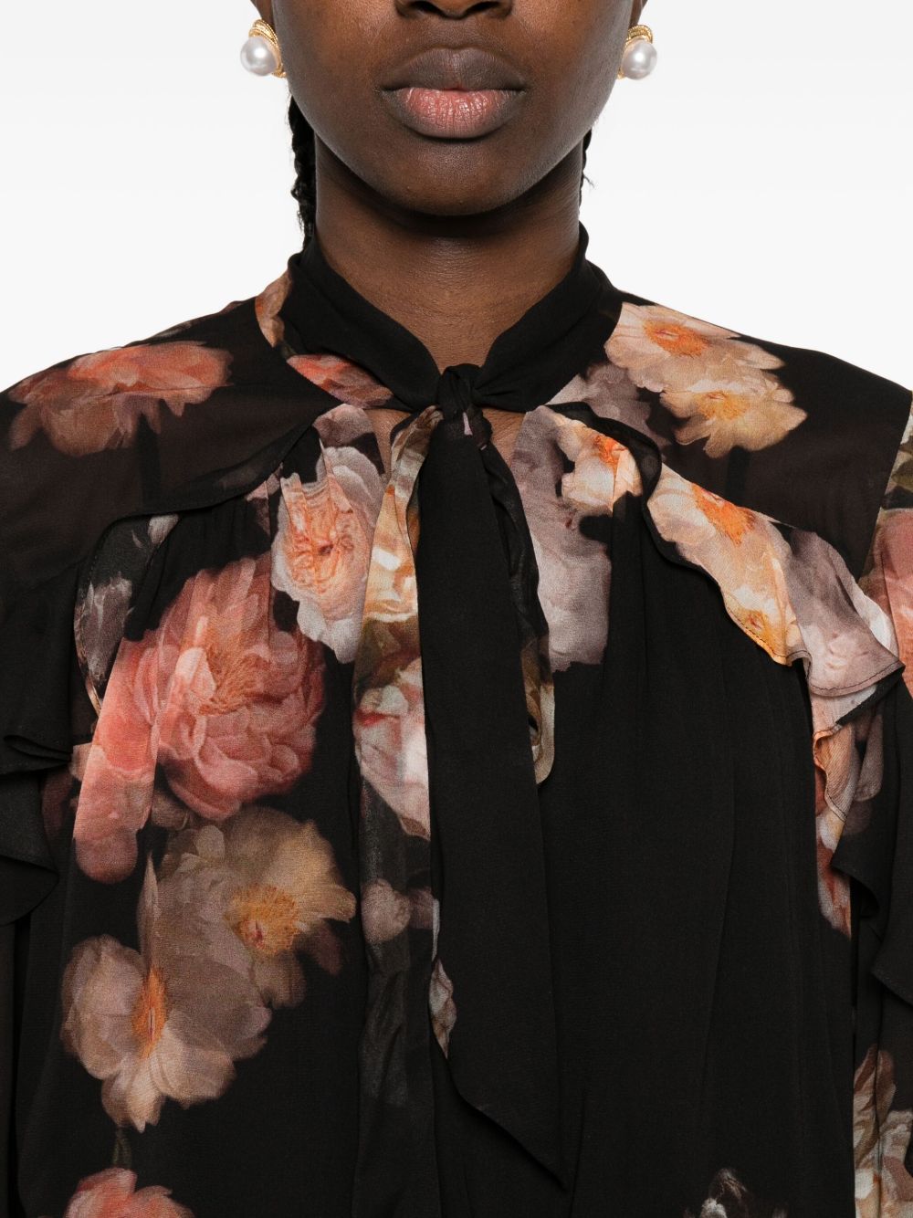 Zimmermann Floral-Print Ruffled Long-Sleeve Shirt Black