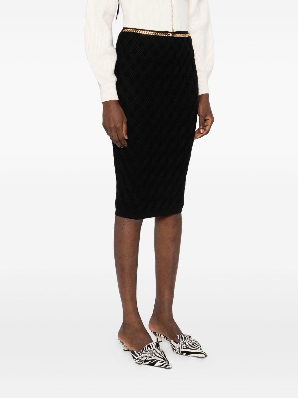 Elisabetta Franchi Geometric Chain-Belt Ribbed Midi Skirt Black Black