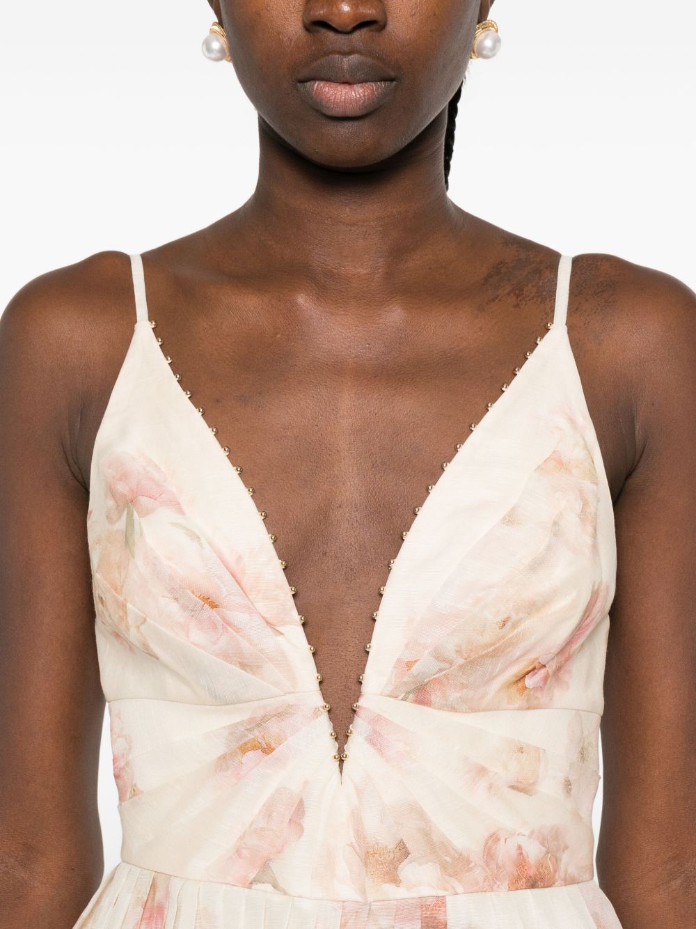 Zimmermann Floral-Print Linen-Silk Midi Dress Beige