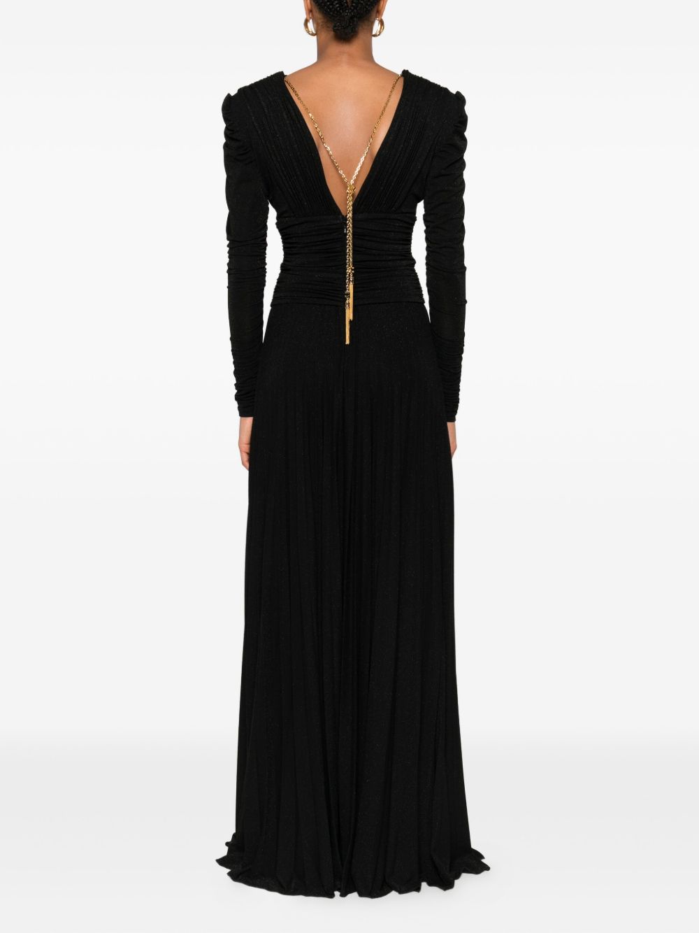 Elisabetta Franchi Long Pleated V-Neck Dress with Gold Chain Black