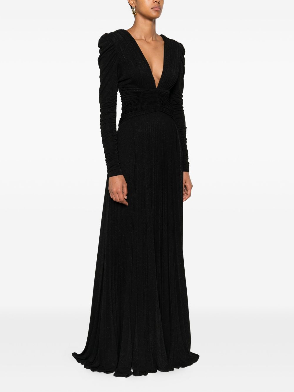 Elisabetta Franchi Long Pleated V-Neck Dress with Gold Chain Black